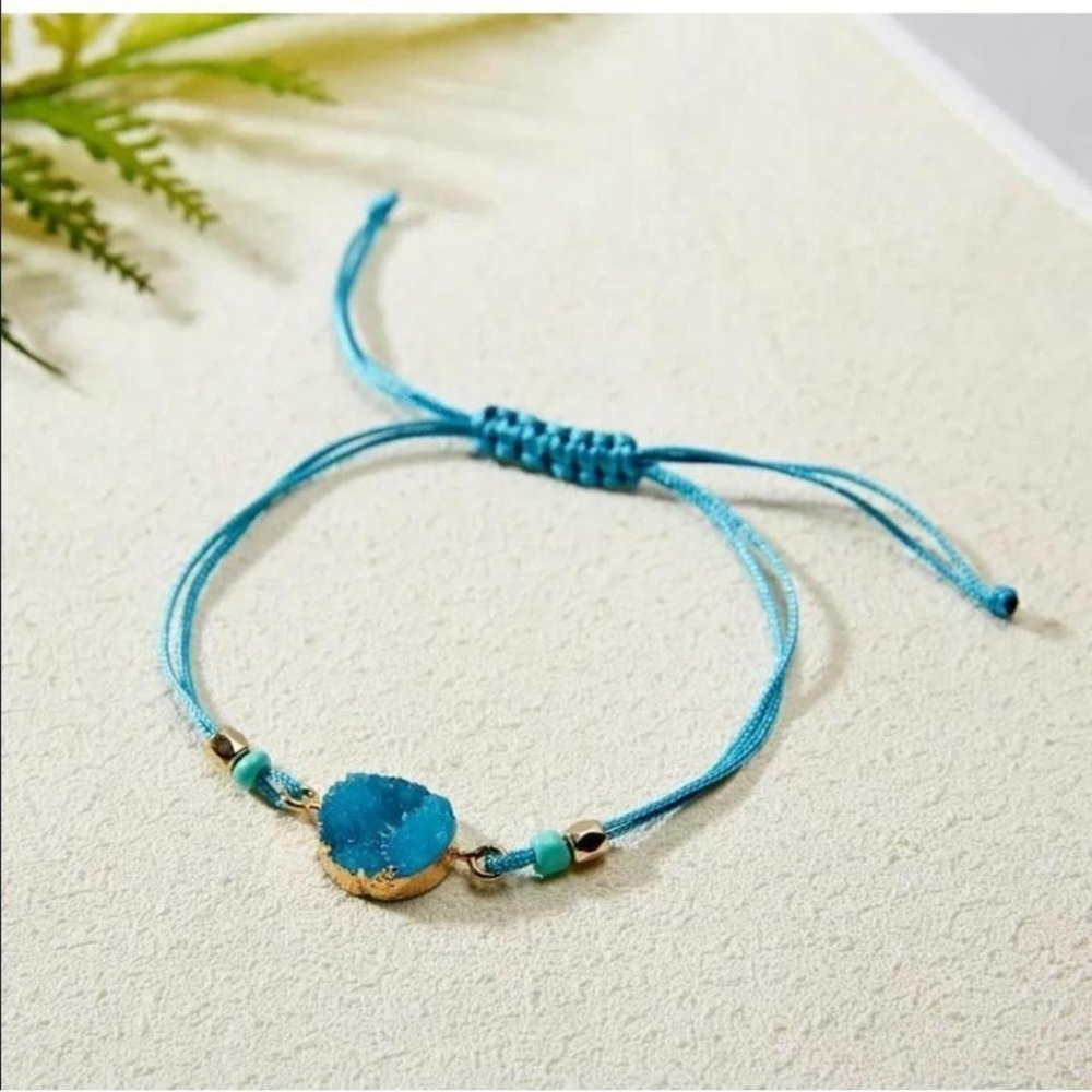 Aquamarine Blue & Gold Crystal Druzy Stone Boho Beaded Adjustable Bracelet -New